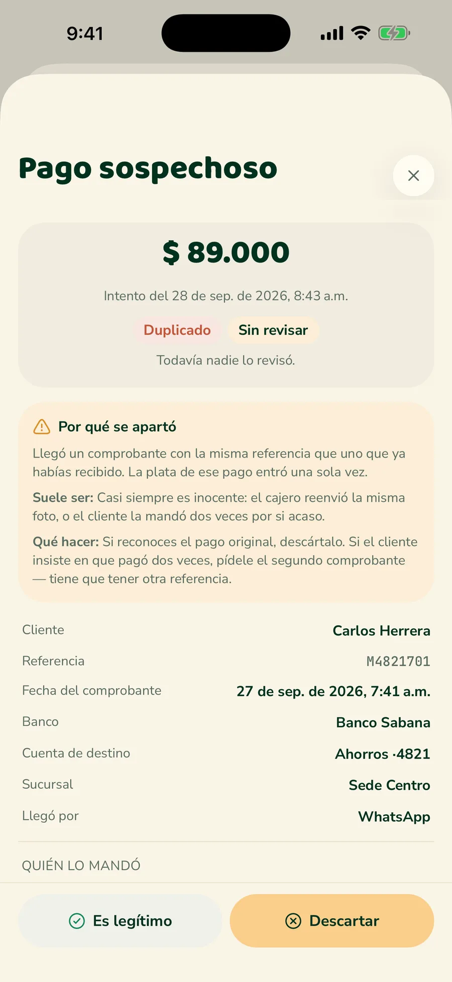 Detalle de un pago duplicado con su explicación