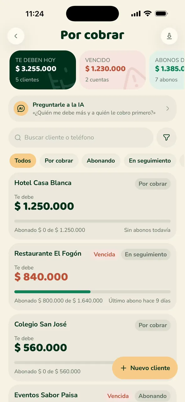Cuentas por cobrar en la app de Verifika